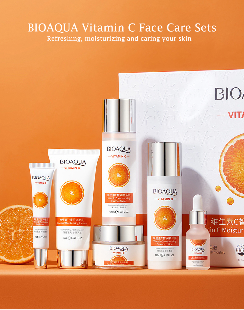 BIOAQUA 6 Pcs Vitamin C Skin Care Set Moisturizing Anti-aging Face Cream Serum Facial Cleanser Skin Care